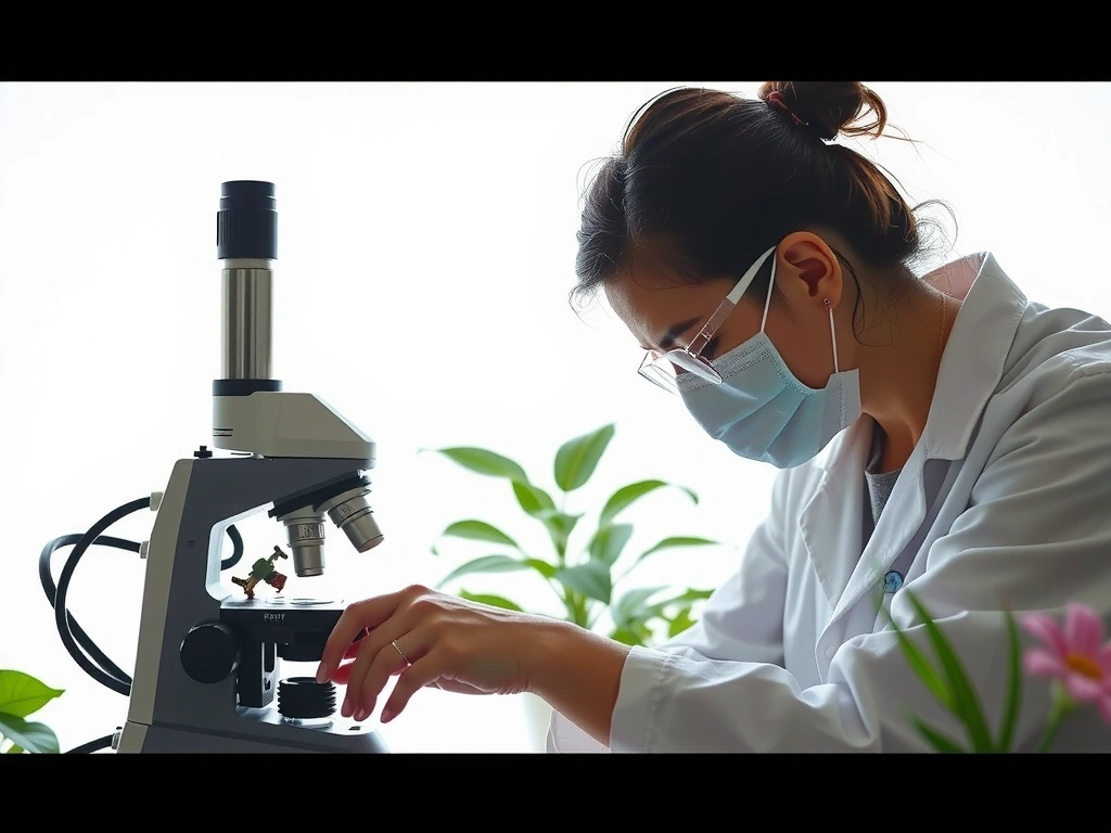 A scientist in a clean lab coat examining botanicals under a microscope, symbolizing quality control and scientific rigor.