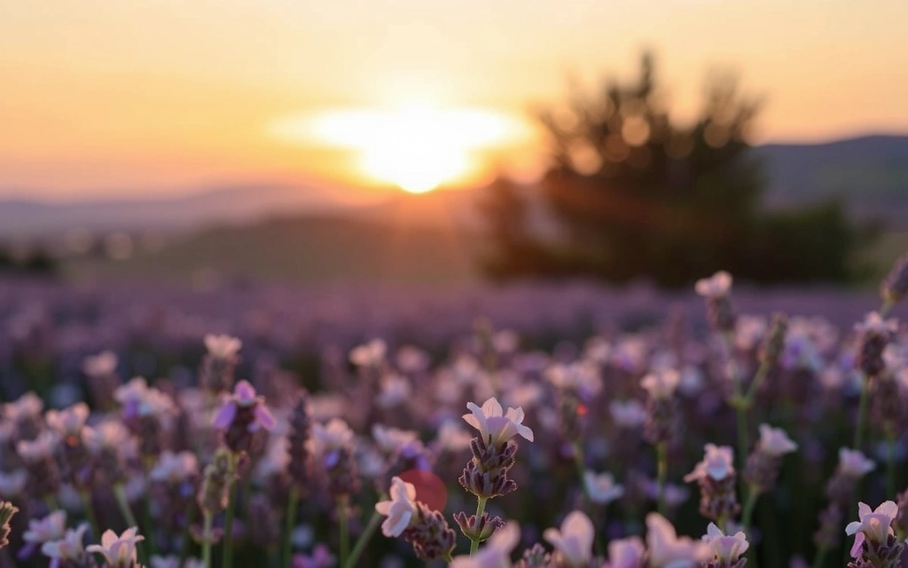 A serene field of blooming lavender at sunrise, representing natural origins and harmony.