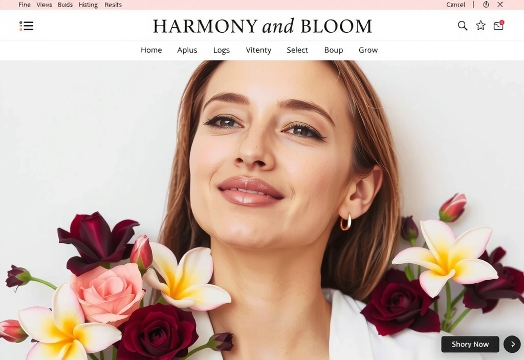 A woman with radiant, healthy skin, surrounded by delicate floral elements, symbolizing women's skincare and natural beauty.