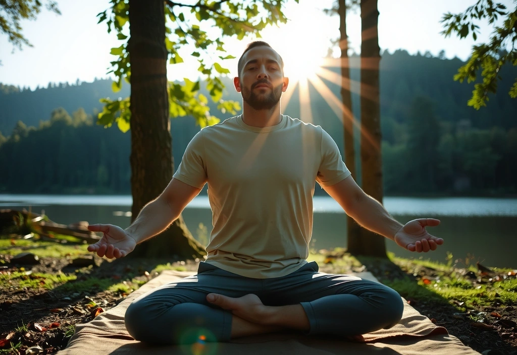 A man practicing meditation in a serene natural environment, representing inner balance and calm.