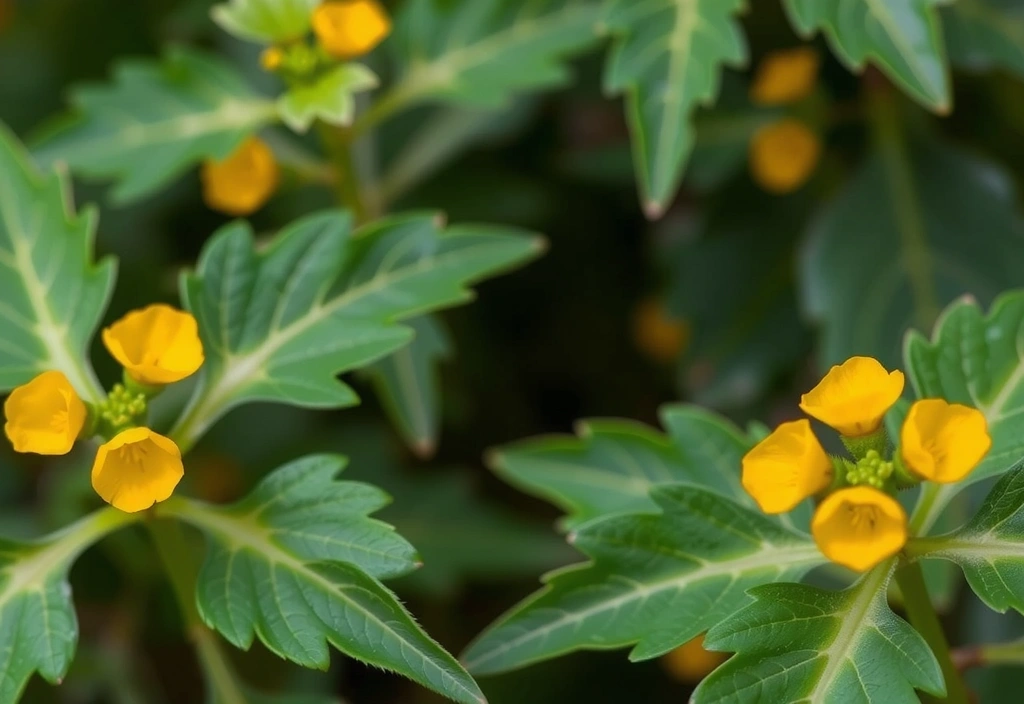 Tribulus terrestris plant with yellow flowers