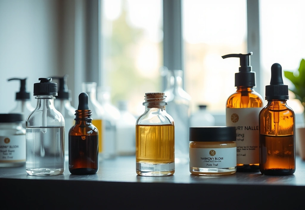 Botanical extracts in glass bottles, lab setting